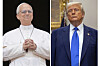 This combination photos shows Pope Leo XIV, at the central balcony of St. Peter's Basilica at the Vatican, May 11, left, and President Donald Trump during an event in the Roosevelt Room at the White House, May 12, in Washington. [AP/YONHAP]