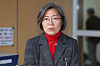 Lee Soo-jung, a criminology professor at Kyonggi University, speaks to reporters after casting her ballot for a parliamentary election at an early voting station in Suwon, Gyeonggi, on April 5, 2024. [YONHAP]