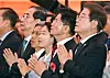 Presidential candidates attend a celebration ceremony for Buddha’s Birthday in front of the main hall at Jogye Temple in Jongno District, central Seoul, on May 5. From right in the front row: Lee Jae-myung of the Democratic Party, Kim Moon-soo of the People Power Party, Kim Jae-yeon of the Progressive Party, Kwon Young-guk of the Justice Party, and independent hopeful Han Duck-soo. [PRESIDENTIAL OFFICE PHOTO POOL]
