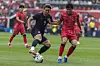 Korea's Kim Min-jae, right, vies for the ball during a friendly against the United States at Sports Illustrated Stadium in Harrison, New Jersey, on Sept. 6. [AP/YONHAP]