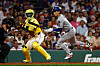 Kim Hye-seong of the Los Angeles Dodgers, right, avoids a high inside pitch by Boston Red Sox starter Garrett Crochet during the clubs' MLB regular-season game at Fenway Park in Boston on July 26. [YONHAP]