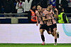 Paris Saint-Germain midfielder Lee Kang-in, left, celebrates with his teammate Achraf Hakimi during a Ligue 1 match against Lyon at Parc Olympique Lyonnais in France on Feb. 23. [AFP/YONHAP]
