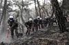 Soldiers from the Army's 50th Division closely examine a forest area while supporting a wildfire suppression operation in the Gyeongsang region on March 30. [YONHAP]