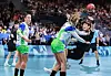 Korean handball player Kang Eun-hye, right, in action during a Paris Olympics handball game against Slovenia at South Paris Arena 6 in Paris on Sunday. [NEWS1]