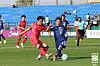 Kang Seong-jin of Korea, left, attempts a shot past Rei Umeki of Japan during the teams' semifinal match at the Asian Football Confederation U-23 Asian Cup at King Abdullah Sports City Hall Stadium in Jeddah, Saudi Arabia, on Jan. 20. [KOREA FOOTBALL ASSOCIATION]