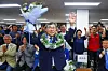 Liberal candidate Jung Geun-sik celebrates as he nears victory in the by-election for Seoul's superintendent of education at his office in Mapo District, western Seoul, on Wednesday. [YONHAP]