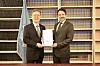 Korean Ambassador to the UN Hwang Joon-kook deposits an instrument of the ratification for the Biodiversity Beyond National Jurisdiction agreement (BBNJ) to the office of the UN secretary-general in New York on March 19. [YONHAP]
