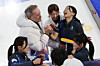 Members of the South Korean women’s curling team celebrate their 10-9 victory over China in the round-robin match at the 2026 Milan-Cortina Winter Olympics, held at the Cortina Curling Olympic Stadium in Cortina d’Ampezzo, Italy, on Feb. 16. [YONHAP]