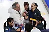 Members of the South Korean women’s curling team celebrate their 10-9 victory over China in the round-robin match at the 2026 Milan-Cortina Winter Olympics, held at the Cortina Curling Olympic Stadium in Cortina d’Ampezzo, Italy, on Feb. 16. [YONHAP]