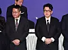 Bang Si-hyuk, chairman of HYBE, right, is seen attending a Federation of Korean Industries meeting in Yeongdeungpo District, western Seoul on Feb. 20. [YONHAP]