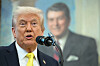 U.S. President Donald Trump speaks to the press in the Oval Office at the White House in Washington on Oct. 15. Trump provided an update on his administration's efforts to reduce violent crime, adding that he's ″looking at″ strikes on land against Venezuelan cartels. [AFP/YONHAP]