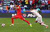 Seol Young-woo, left, tries to break through during a Group E match between Korea and Bahrain at the 2023 AFC Asian Cup at Jasim bin Hamad Stadium in Doha, Qatar on Jan. 15. [YONHAP]