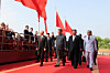 Russian President Vladimir Putin, Chinese President Xi Jinping, North Korean leader Kim Jong-un and Pakistan's Prime Minister Shehbaz Sharif arrive at the Tiananmen Gate for a military parade marking the 80th anniversary of the end of World War Two, in Beijing on Sept. 3, 2025. From front left: Vladimir Putin, Xi Jinping, Kim Jong-un and Shehbaz Sharif. [REUTERS/YONHAP]