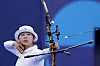 Korea's Lim Si-hyeon shoots in the women's archery individual gold medal match against teammate Nam Su-hyeon in Paris on Sunday. [AP/YONHAP]