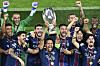 Paris Saint-Germain celebrate winning the UEFA Super Cup at Bluenergy Stadium in Udine, Italy, on Aug. 13. [AP/YONHAP]