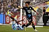 Minnesota United midfielder Jeong Sang-bin celebrates scoring a goal during a Major League Soccer match against the Colorado Rapids at Dick's Sporting Goods Park in Colorado on Saturday. [REUTERS/YONHAP]