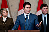 Canadian Prime Minister Justin Trudeau, center, speaks during a press conference about new tariffs being imposed by the United States on Canadian goods in Ottawa, Canada, on March 4. [EPA/YONHAP]