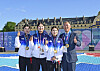 Hyundai Motor Group Executive Chair Euisun Chung, far right, takes a photo with Korean archers as they beat China in the women's team archery gold medal match to win Korea’s 10th straight Olympic gold in the event at the Invalides in Paris in July. [HYUNDAI MOTOR]
