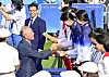 Hyundai Motor Group Executive Chair Euisun Chung delivers gold medals to Korean archers Jeon Hun-young, Lim Si-hyeon and Nam Su-hyeon as they beat China in the women's team archery gold medal match to win Korea’s 10th straight Olympic gold in the event at the Invalides in Paris in July. [HYUNDAI MOTOR]