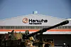 A K-9 self-propelled howitzer is displayed in front of the Hanwha Aerospace factory in Changwon, South Gyeongsang, on March 16, 2023. [REUTERS/YONHAP]