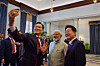 Samsung Electronics Executive Chairman Lee Jae-yong, left, takes a selfie with a Galaxy Z Flip7 manufactured in Samsung’s factory in Noida, India, alongside Korean President Lee Jae Myung, right, and Indian Prime Minister Narendra Modi, center, at a state luncheon in New Delhi on April 20. [BLUE HOUSE]