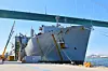 The United States Naval Ship Richard E. Byrd, a dry cargo ship for which HD Hyundai Heavy Industries secured a contract for maintenance, is seen at the company's dockyard in April this year. [HD HYUNDAI HEAVY INDUSTRIES