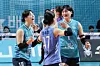 Players from GS Caltex Seoul Kixx celebrate their win after a match against Heungkuk Life Insurance Pink Spiders in central Seoul on March 24. [YONHAP]