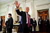 U.S. President Donald Trump waves his hand at the White House in Washington on April 21. [UPI/YONHAP]