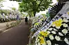 Mourning wreaths are placed in front of the Suncheon branch of the Gwangju District Court in Suncheon, South Jeolla, on April 23 in memory of 4-month-old infant who died after being abused by the mother. [YONHAP]