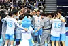 Male players of Korean Air Jumbos celebrate their comprehensive victory of the 2025-26 V League title at a gym in Incheon on April 10. [YONHAP]