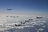 U.S. Air Force B-1B bombers, F-16 fighter jets, Korean Air Force F-15K fighter jets and Japanese Air Force F-2 fighter jets fly during a trilateral air drill at an undisclosed location on Nov. 3, 2024. [US AIR FORCE/AP/YONHAP]