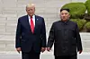 U.S. President Donald Trump, left, meets with North Korean leader Kim Jong-un at the North Korean side of the border at the inter-Korean truce village of Panmunjom in the demilitarized zone on June 30, 2019. [AP/YONHAP]