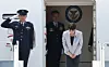 Japanese Prime Minister Takaichi Sanae bows on the tarmac at Daegu International Airport on May 19 ahead of the Korea-Japan summit talks. [YONHAP]