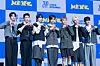 Boy band NEXZ poses for photos during a press showcase for its single, ″Mmchk,″ held at Blue Square Woori WON Banking Hall in Yongsan District, central Seoul, on April 27. [DANIELA GONZALEZ PEREZ]