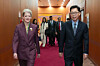 First Vice Foreign Minister Park Yoon-joo, right, and U.S. Under Secretary of State for Political Affairs Allison Hooker walk toward a conference room for talks on security-related issues from summit agreements at the foreign ministry in central Seoul on June 2. [MINISTRY OF FOREIGN AFFAIRS]