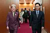 First Vice Foreign Minister Park Yoon-joo, right, and U.S. Under Secretary of State for Political Affairs Allison Hooker walk toward a conference room for talks on security-related issues from summit agreements at the foreign ministry in central Seoul on June 2. [MINISTRY OF FOREIGN AFFAIRS]