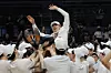 Busan KCC Egis players lift head coach Lee Sang-min into the air as they celebrate winning the championship after Game 5 of the 2025-26 KBL finals against the Goyang Sono Skygunners at Goyang Sono Arena in Goyang, Gyeonggi, on May 13. [YONHAP]