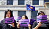 Members of a joint committee that is filing a constitutional complaint on nonconsensual sexual violence hold signs reading “Sex without consent is rape” and “Don’t ask whether there was resistance. Ask whether there was consent” during a press conference in front of the Constitutional Court in Jongno District, central Seoul, on April 23. [NEW1]