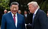 U.S. President Donald Trump, right, speaks with Chinese President Xi Jinping while leaving after a visit to the Zhongnanhai Garden in Beijing on May 15. [AP/YONHAP]