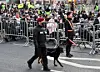 A police special operations officer conducts a search with an explosive detection dog at Gwanghwamun Square in Jongno District, central Seoul, on March 21, the day of BTS’s comeback performance. [NEWS1]
