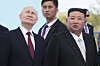 Russian President Vladimir Putin, left, and North Korean leader Kim Jong-un examine a Soyuz rocket launch pad during their meeting at the Vostochny Cosmodrome in the far eastern Amur region of Russia on Sept. 13, 2023. [AP/YONHAP]
