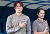 Hong Myung-bo, head coach of the Korea national football team, left, stands during the national anthem before a friendly match between Korea and Trinidad and Tobago at South Field on the campus of Brigham Young University in Salt Lake City, Utah, on May 31. [NEWS1]