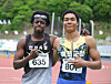 Runners Joel Jin Nwamadi, right, and Biwesa Daniel Kashama pose after their 100-meter semifinal race in Jeongseon County, Gangwon, on May 11. [YONHAP]