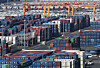 Containers are stacked at Pyeongtaek Port in Pyeongtaek, Gyeonggi, on March 1 as Korea’s exports surge on strong semiconductor shipments. [YONHAP]