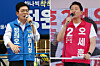 Democratic Party candidate Chong Won-o, left, and his People Power Party rival Oh Se-hoon campaign on May 25 for the Seoul mayoral race. [NEWS1]