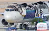 Air Busan's Airbus A321-200 is seen damaged and burned at Gimhae International Airport in February 2025. [YONHAP]