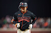 San Francisco Giants outfielder Lee Jung-hoo runs to the dugout after making an out against the Pittsburgh Pirates during the seventh inning at Oracle Park in San Francisco on May 9. [YONHAP/REUTERS]