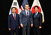Defense Minister Ahn Gyu-back, left, poses for a photograph with U.S. Defense Secretary Pete Hegseth, center, and Japanese Defense Minister Koizumi Shinjiro during the 23rd Shangri-La Dialogue in Singapore on May 30. [PROVIDED BY THE MINISTRY OF NATIONAL DEFENSE]