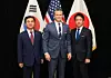 Defense Minister Ahn Gyu-back, left, poses for a photograph with U.S. Defense Secretary Pete Hegseth, center, and Japanese Defense Minister Koizumi Shinjiro during the 23rd Shangri-La Dialogue in Singapore on May 30. [PROVIDED BY THE MINISTRY OF NATIONAL DEFENSE]