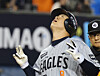 Hanwha Eagles’ Roh Si-hwan celebrates after hitting a solo home run in the top of the fourth inning during a KBO regular-season game against the LG Twins at Jamsil Baseball Stadium in southern Seoul on April 23. [YONHAP]
